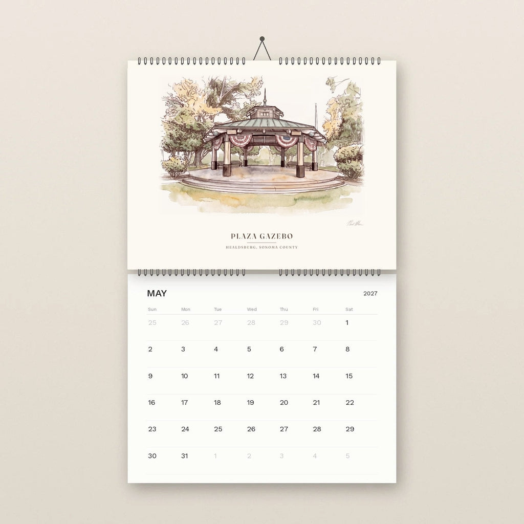 May: the Plaza Gazebo in Healdsburg, above the May 2027 date grid