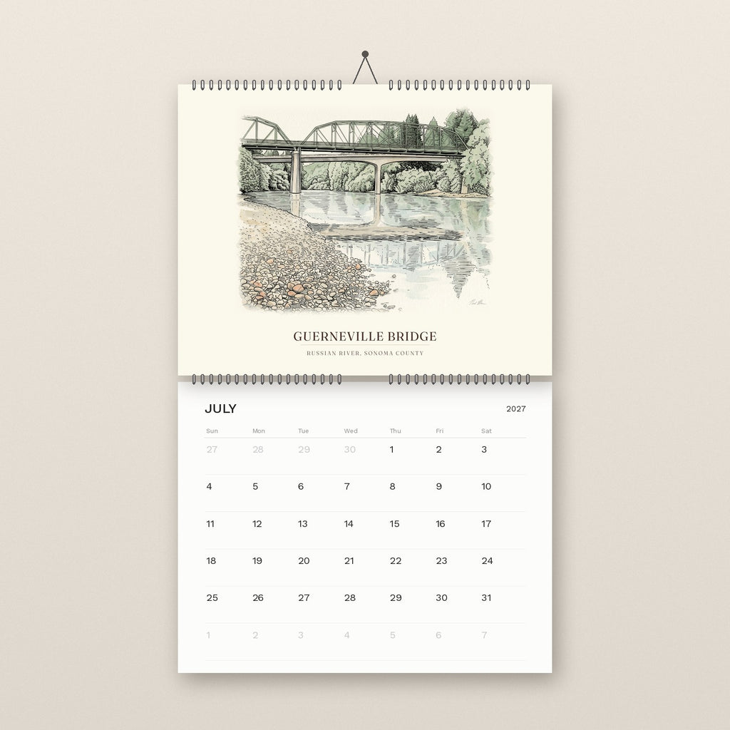 July: the Guerneville Bridge over the Russian River, above the July 2027 date grid