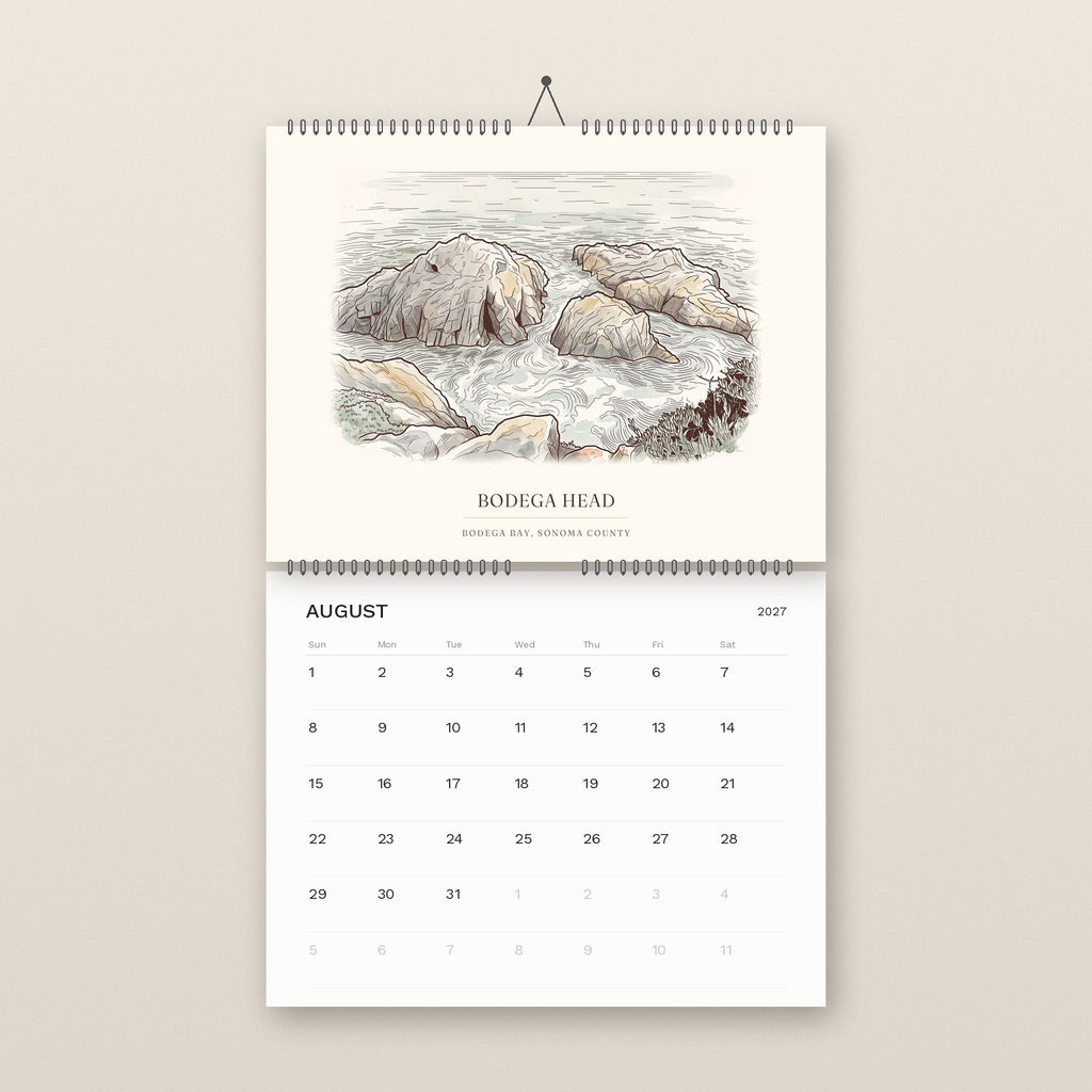 August: Bodega Head, above the August 2027 date grid