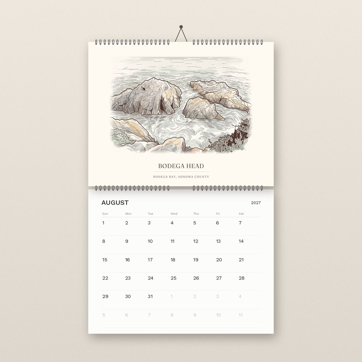 August: Bodega Head, above the August 2027 date grid