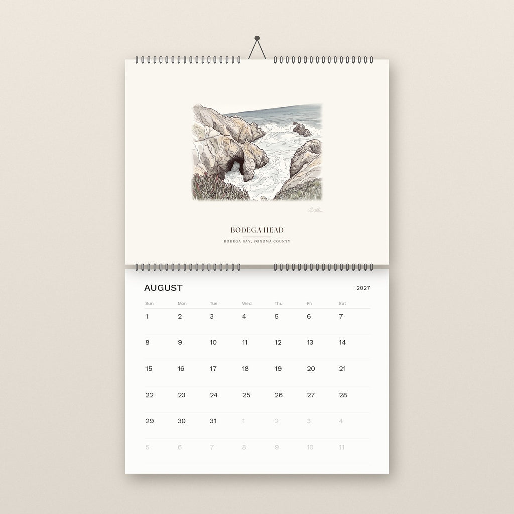 August: the sea arch at Bodega Head, above the August 2027 date grid