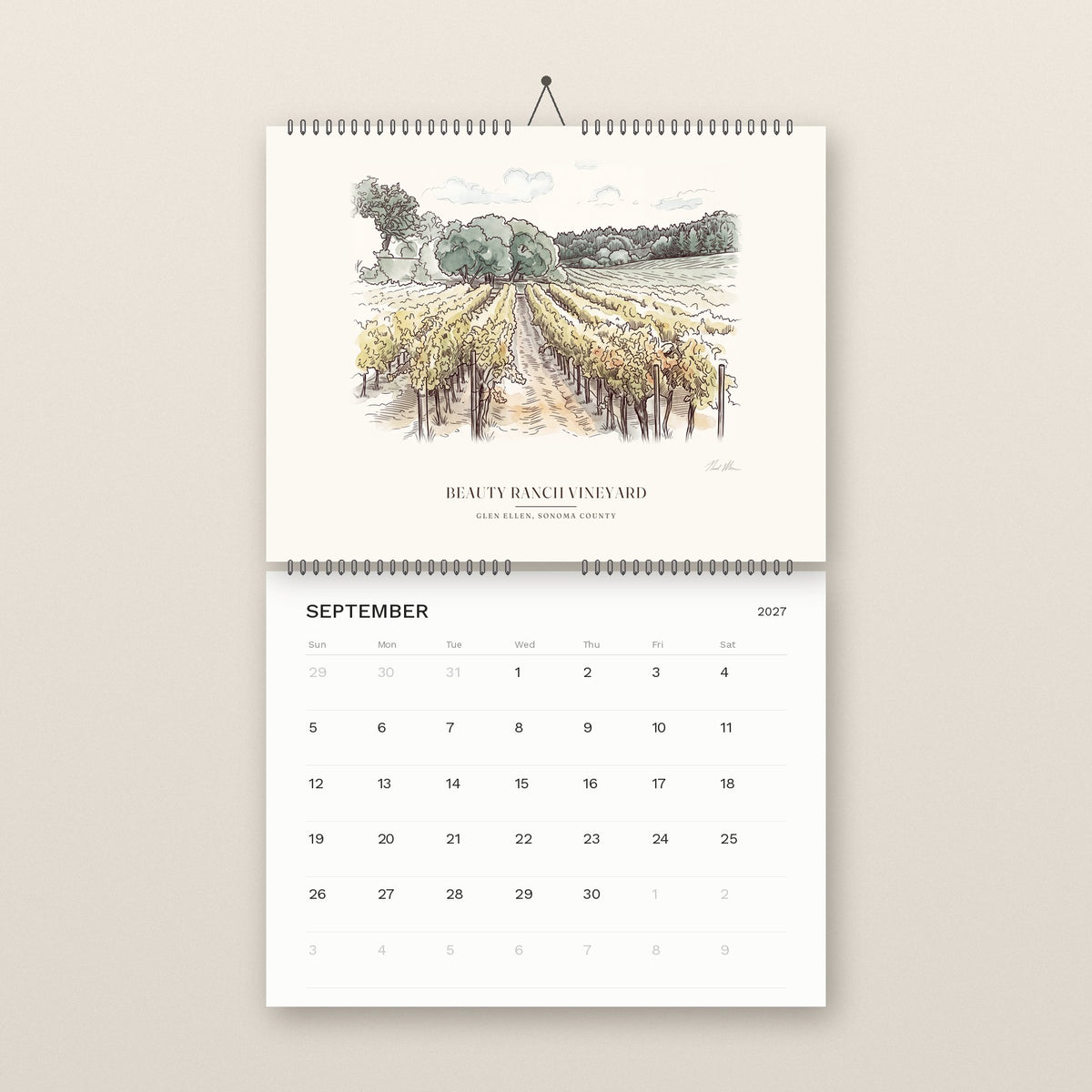 September: the Beauty Ranch vineyard in Glen Ellen, above the September 2027 date grid