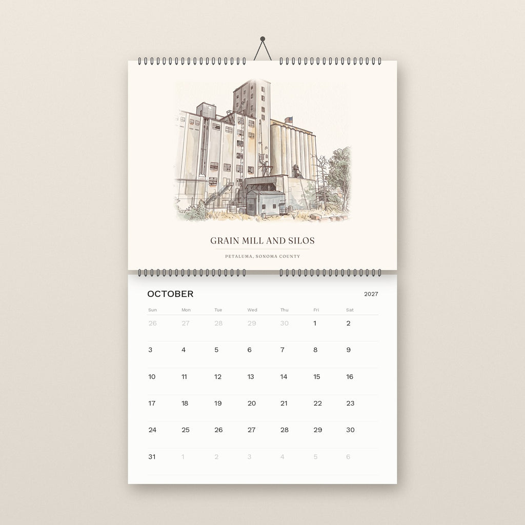 October: the Grain Mill and Silos in Petaluma, above the October 2027 date grid