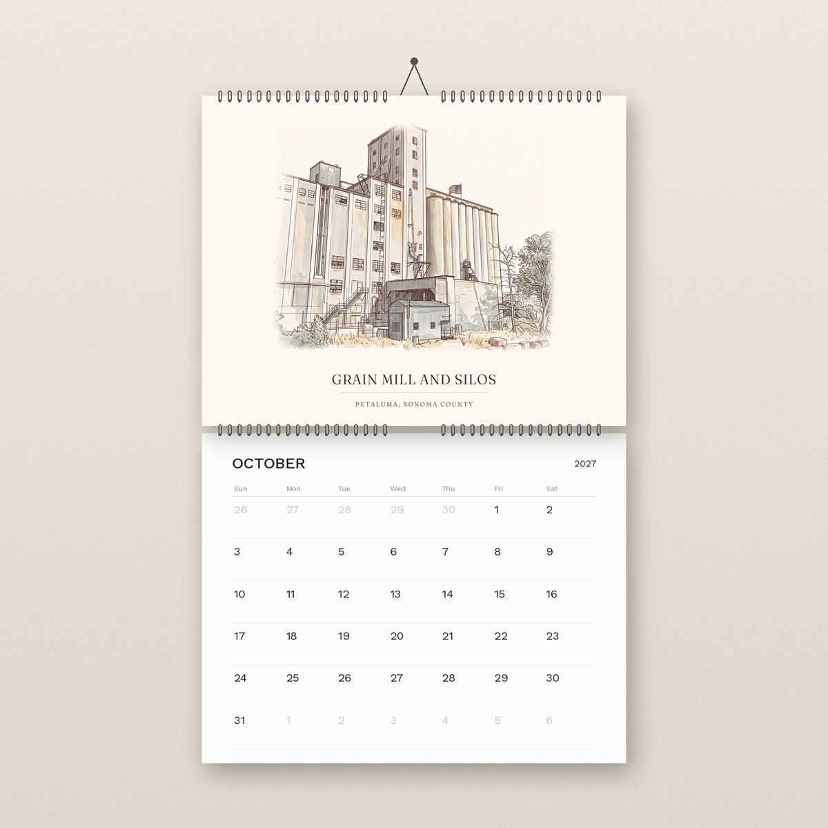 October: the Grain Mill and Silos in Petaluma, above the October 2027 date grid