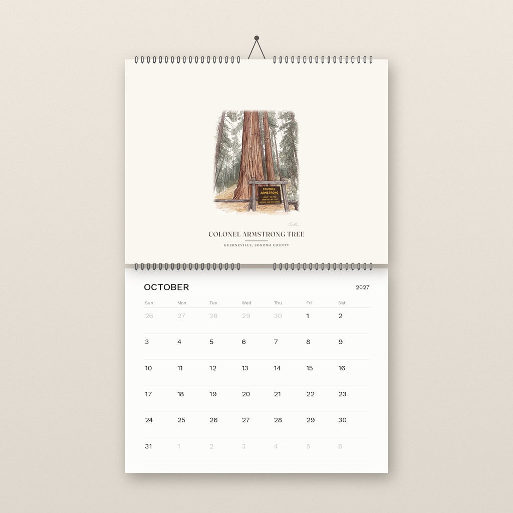 October: the Colonel Armstrong Tree in Guerneville, above the October 2027 date grid