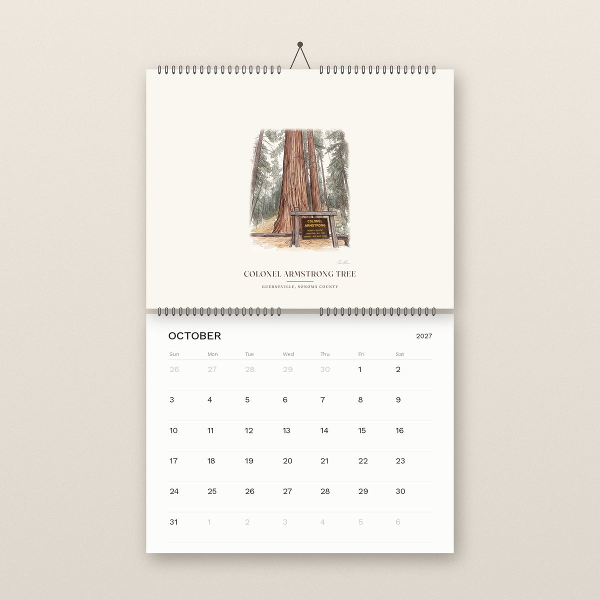 October: the Colonel Armstrong Tree in Guerneville, above the October 2027 date grid