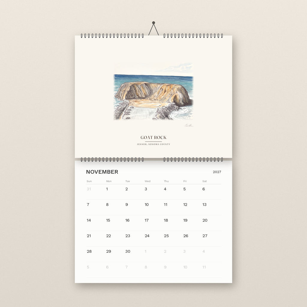 November: Goat Rock from above on the Sonoma Coast, above the November 2027 date grid