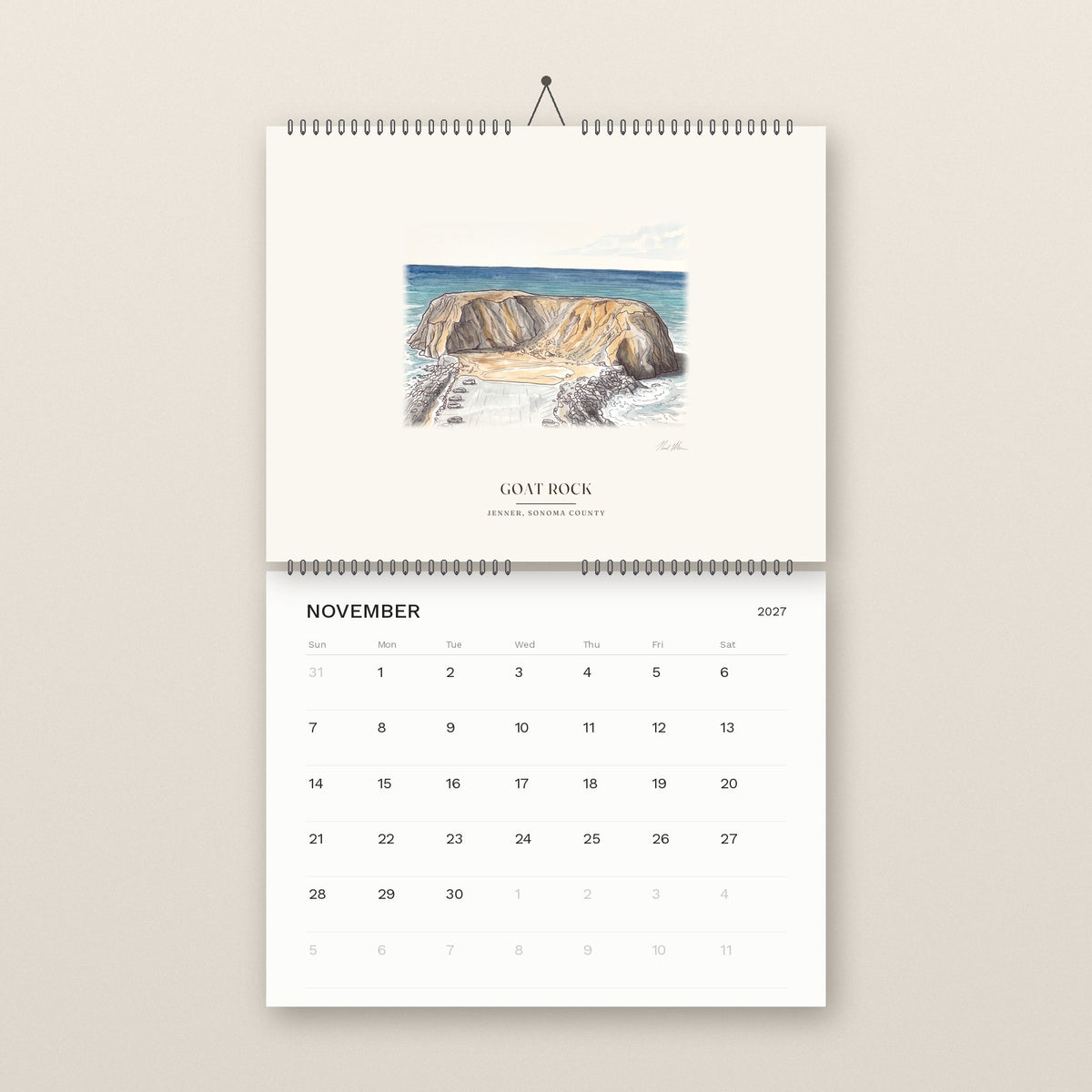 November: Goat Rock from above on the Sonoma Coast, above the November 2027 date grid