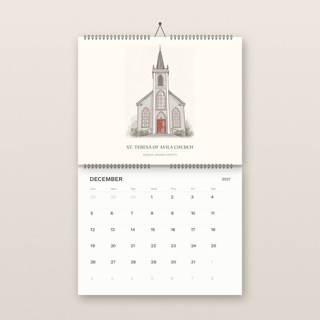 December: St. Teresa of Avila Church in Bodega, above the December 2027 date grid
