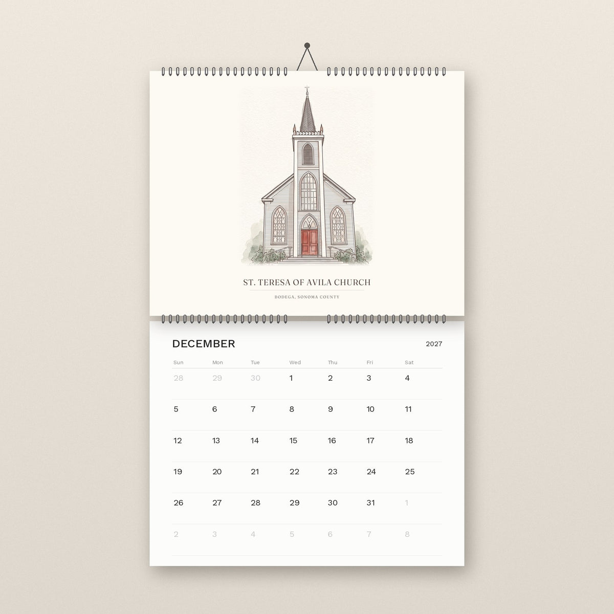 December: St. Teresa of Avila Church in Bodega, above the December 2027 date grid