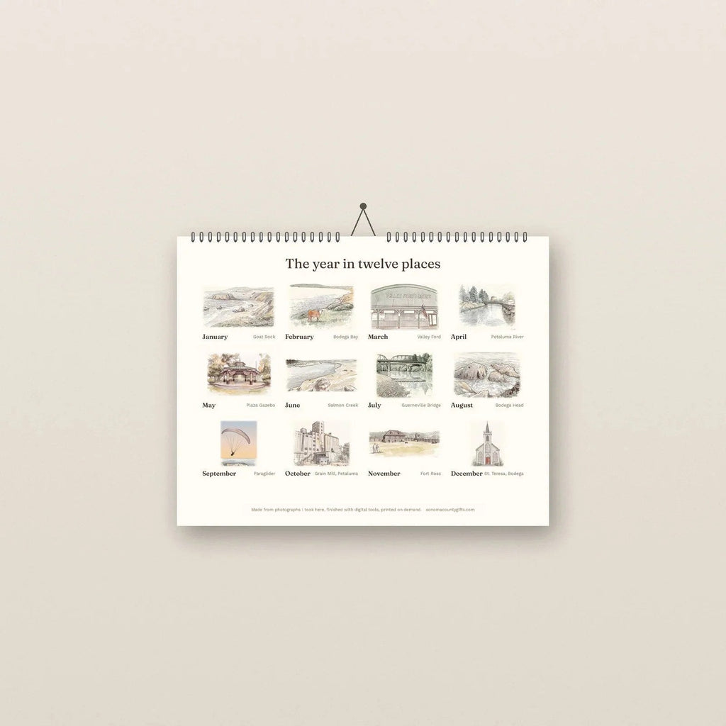 Back cover of the 2027 calendar showing all twelve Sonoma County places