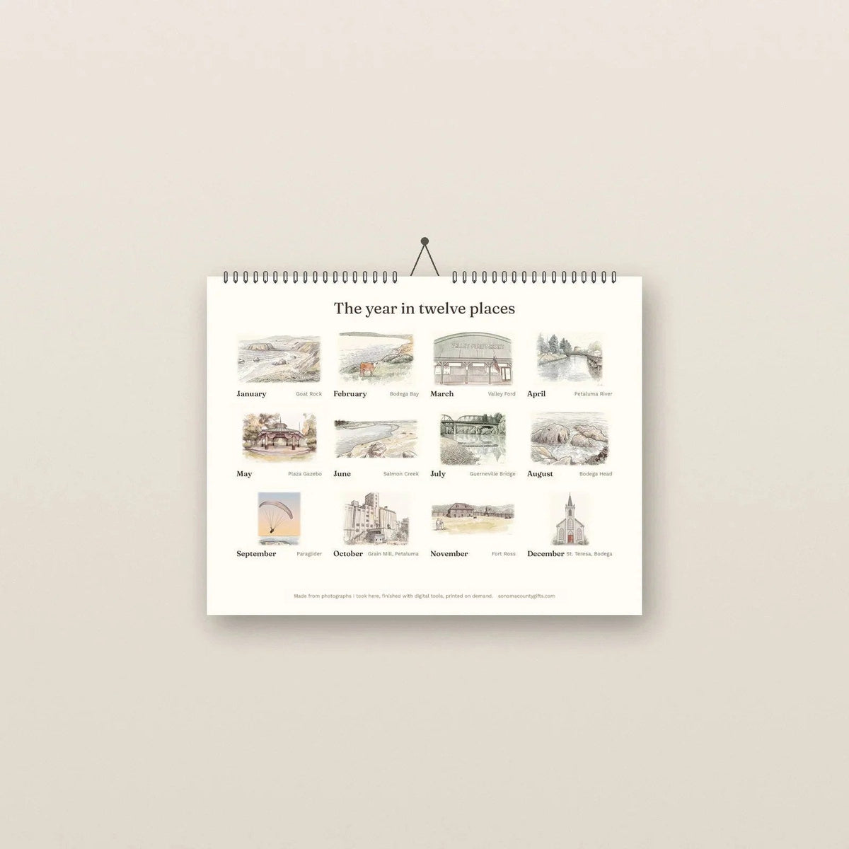 Back cover of the 2027 calendar showing all twelve Sonoma County places