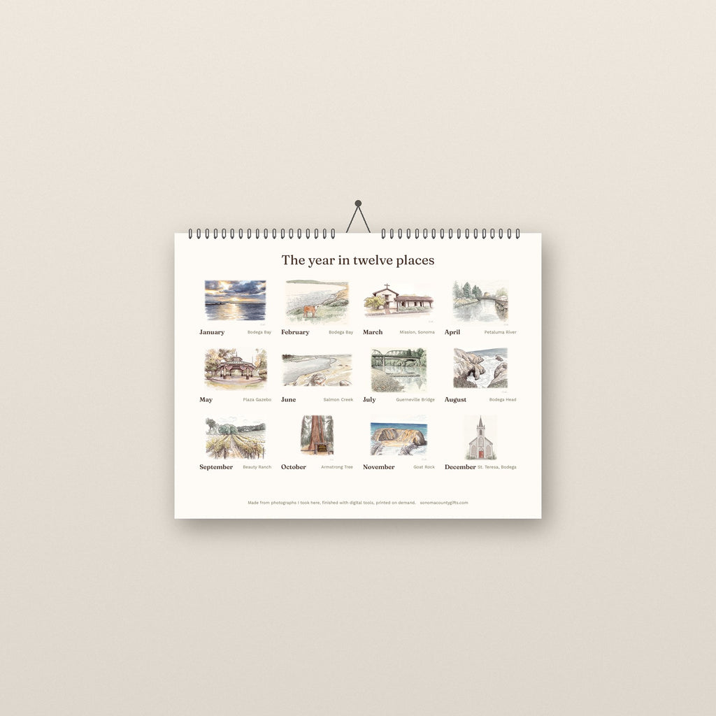 Back cover of the 2027 calendar showing all twelve Sonoma County places