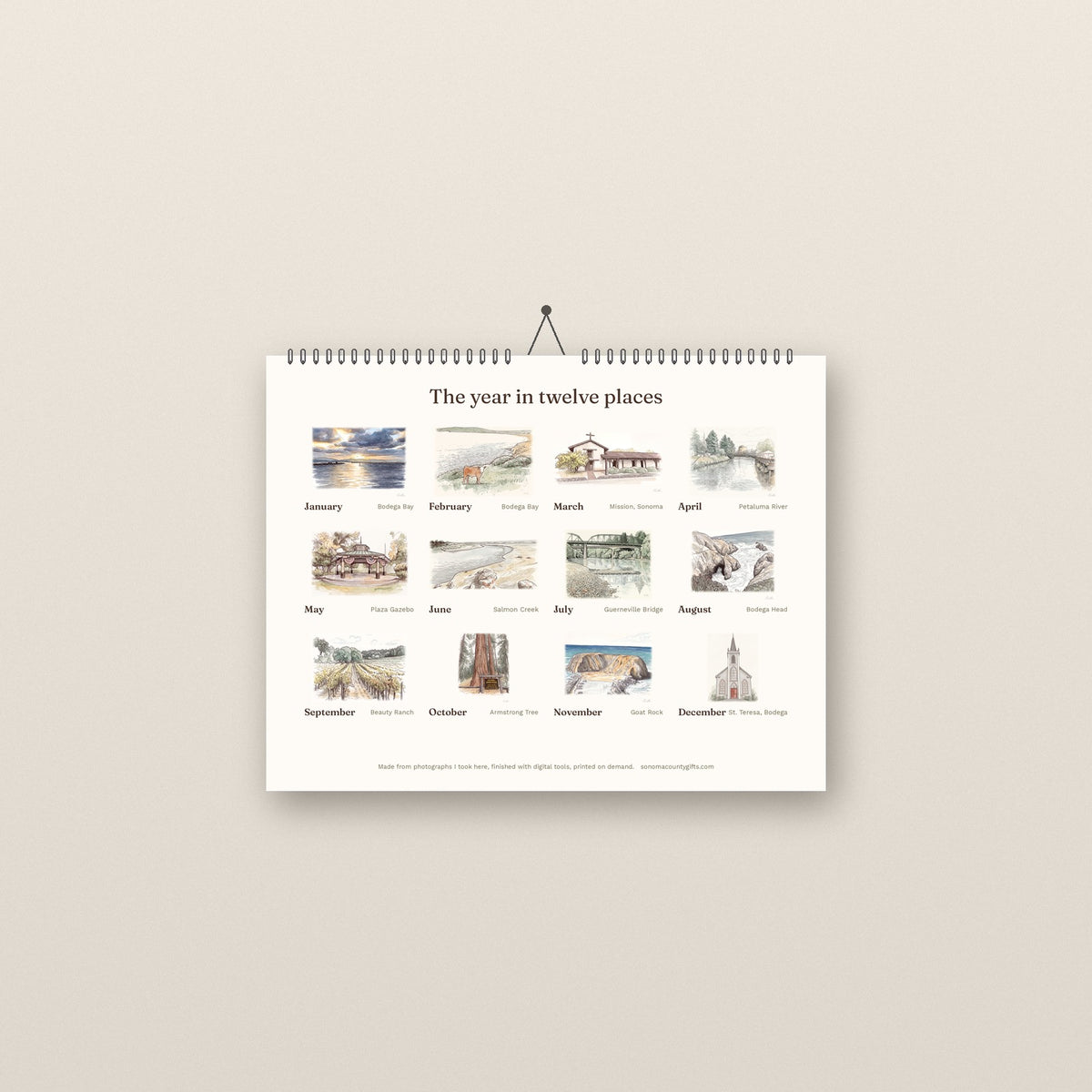 Back cover of the 2027 calendar showing all twelve Sonoma County places