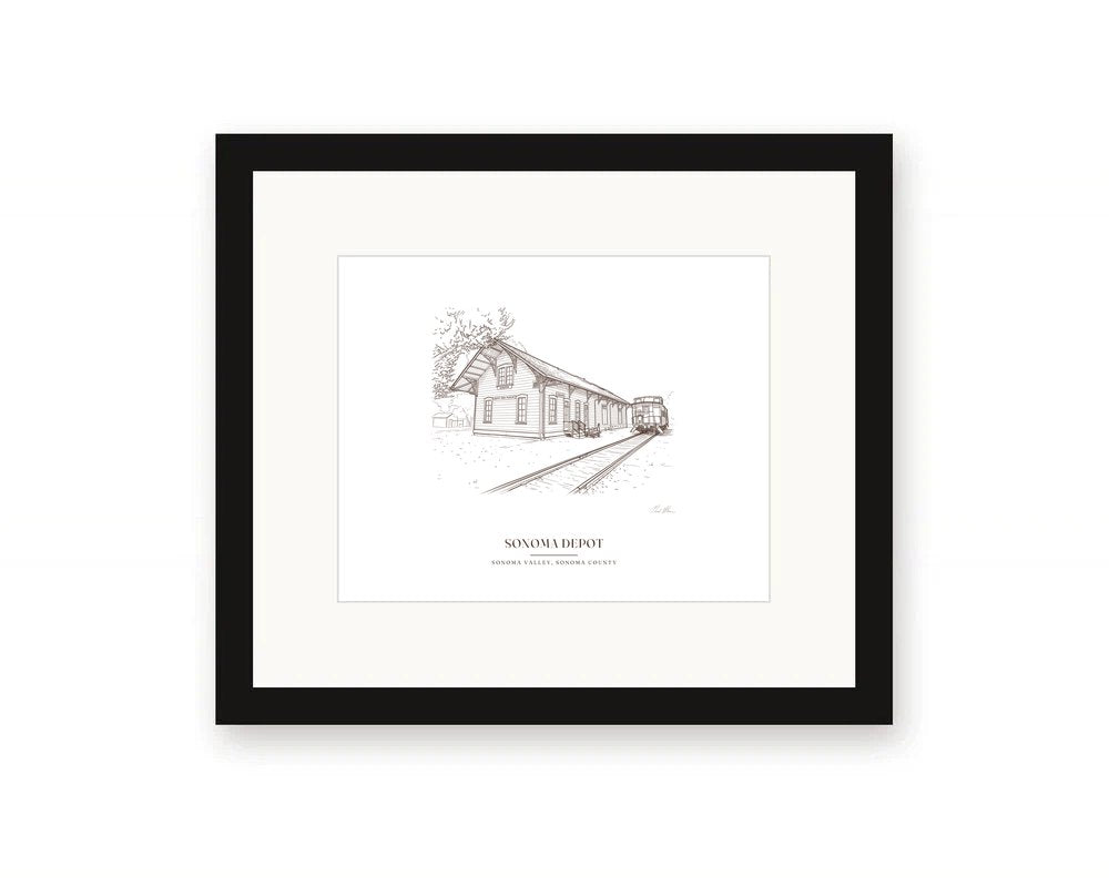 Framed line drawing print of the Sonoma depot in Depot Park, with the station sign and the museum sign, with a white mat in a black frame