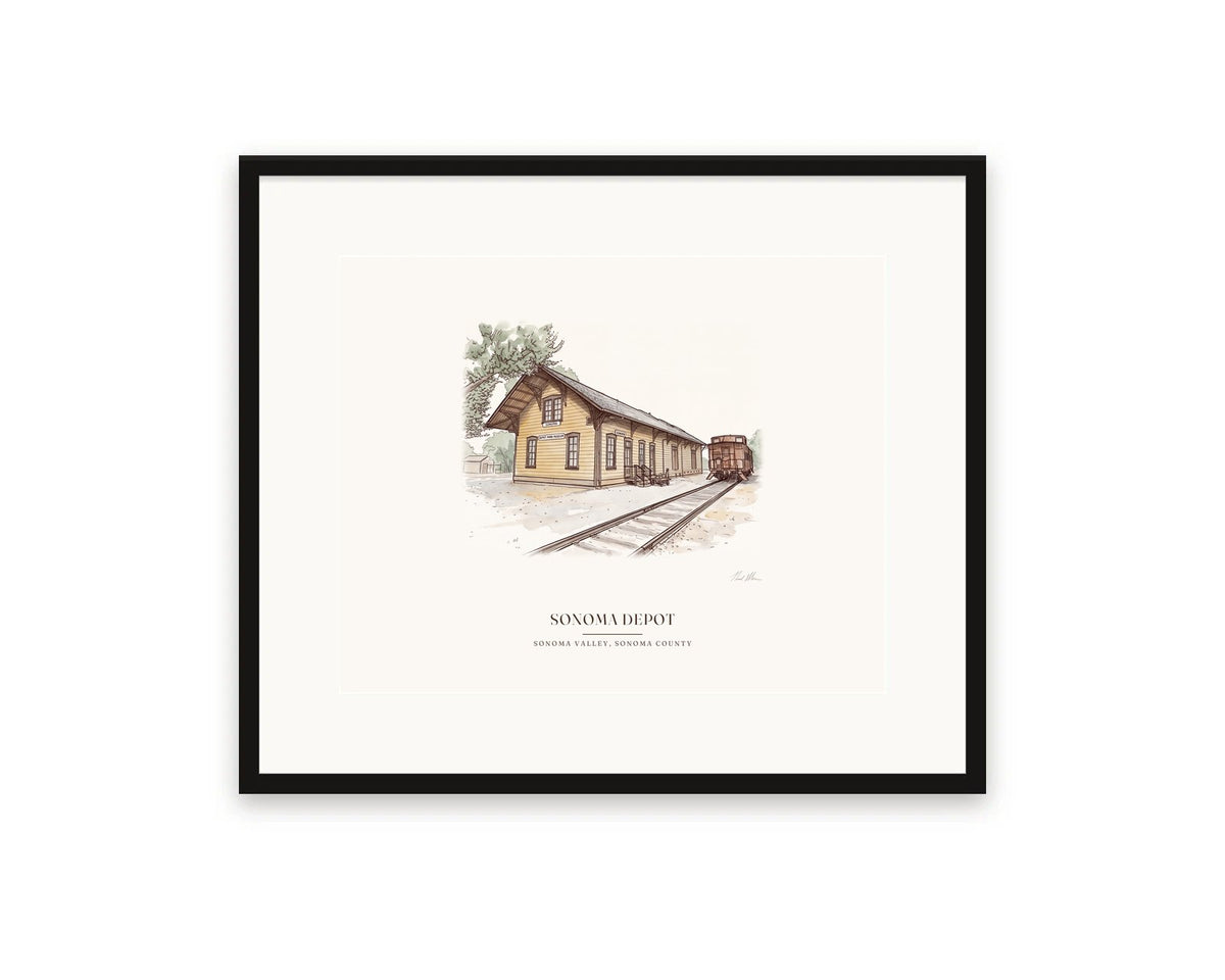 Sonoma Depot watercolor print, 20 x 16 in, in a black frame with a wide white mat