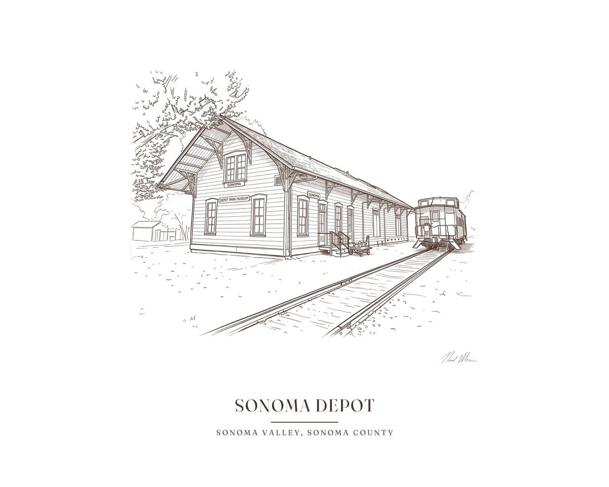 Line drawing print of the Sonoma depot in Depot Park, with the station sign and the museum sign, in brown line with the place name below
