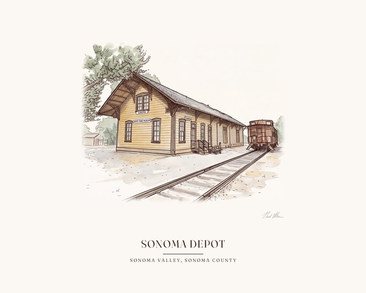 Watercolor print of the Sonoma depot in Depot Park, with the station sign and the museum sign, with the place name below