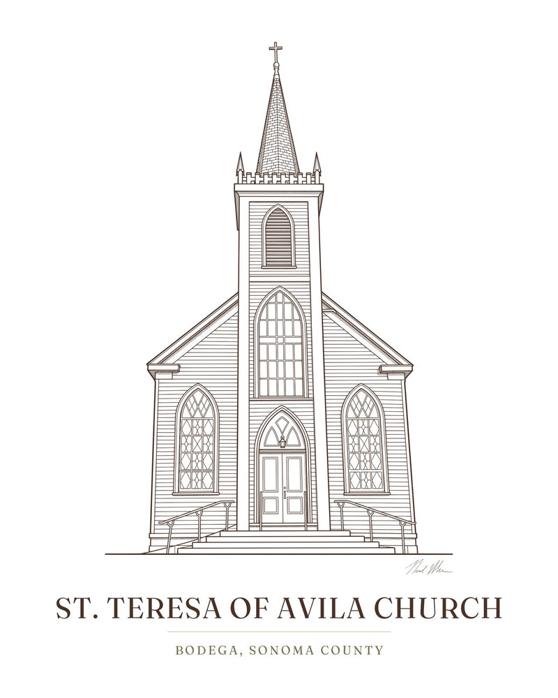 The ink drawing of St. Teresa of Avila Church in Bodega that is engraved on this cutting board