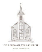 The ink drawing of St. Teresa of Avila Church in Bodega that is engraved on this cutting board