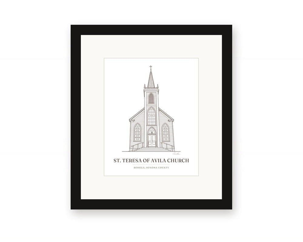 Framed ink drawing print of St. Teresa of Avila Church in Bodega, with a white mat in a black frame