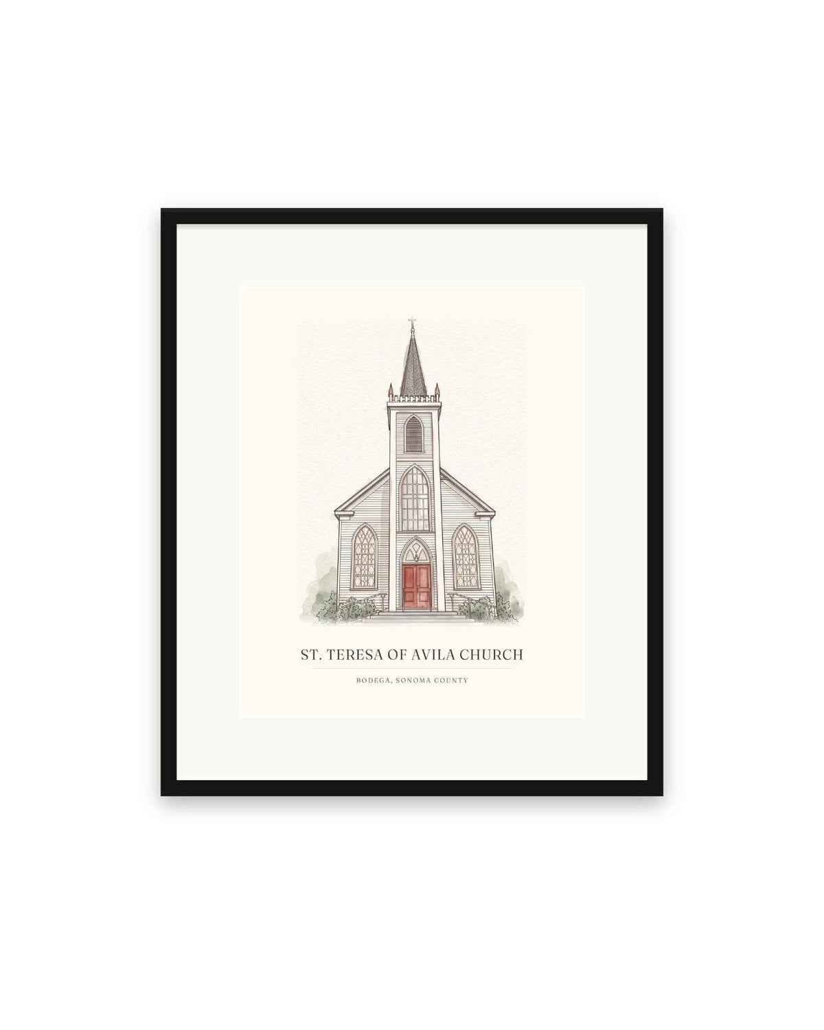 St. Teresa of Avila Church watercolor print, 16 x 20 in, in a black frame with a wide white mat