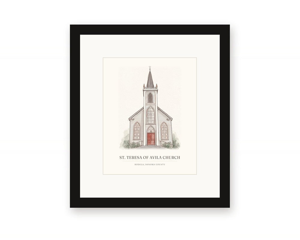 Framed watercolor print of St. Teresa of Avila Church in Bodega, with a white mat in a black frame