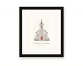 Framed watercolor print of St. Teresa of Avila Church in Bodega, with a white mat in a black frame