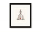 Framed watercolor print of St. Teresa of Avila Church in Bodega, with a white mat in a black frame