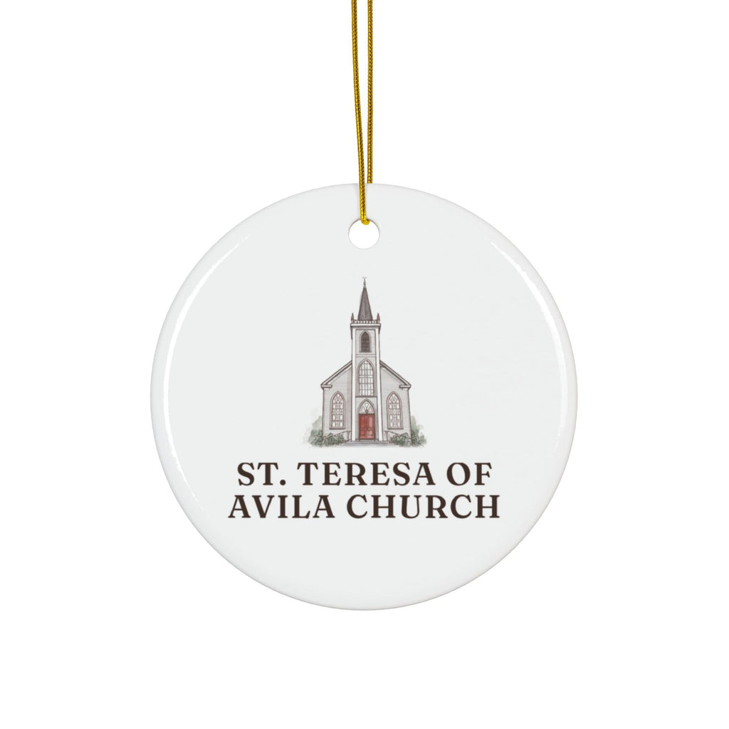 Round ceramic ornament with St. Teresa of Avila Church in watercolor and the place name
