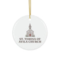 Round ceramic ornament with St. Teresa of Avila Church in watercolor and the place name