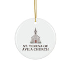 Round ceramic ornament with St. Teresa of Avila Church in watercolor and the place name