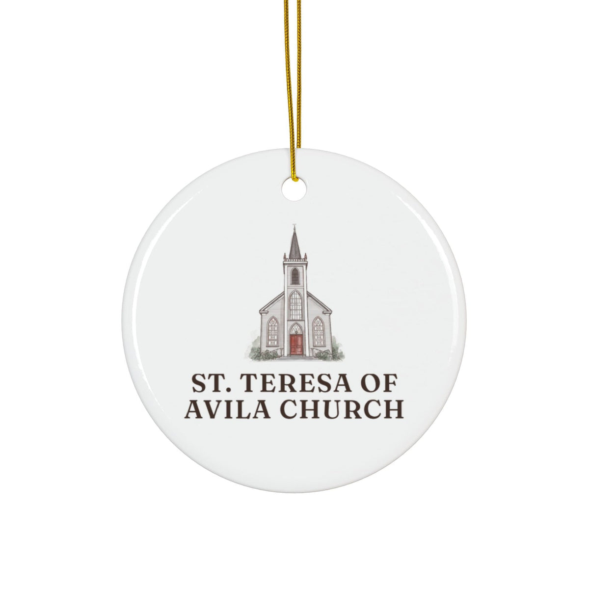 Round ceramic ornament with St. Teresa of Avila Church in watercolor and the place name