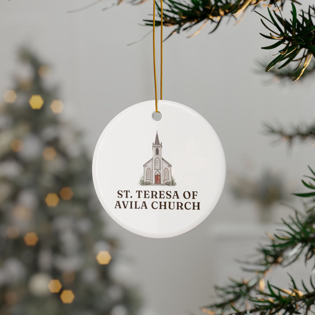 St. Teresa of Avila Church ornament hanging on a Christmas tree