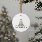 St. Teresa of Avila Church ornament hanging on a Christmas tree