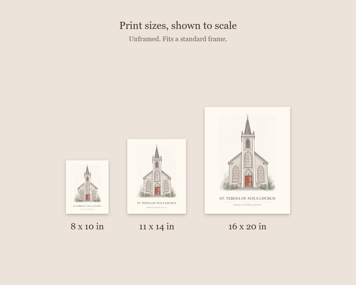 Size guide comparing the 8 x 10, 11 x 14 and 16 x 20 watercolor prints of St. Teresa of Avila Church to scale