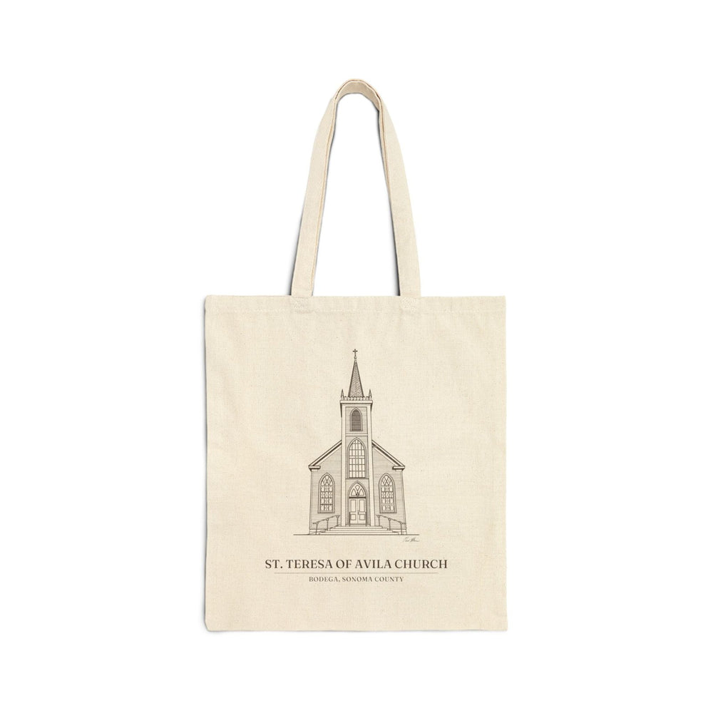Natural cotton canvas tote bag with an ink drawing of St. Teresa of Avila Church in Bodega