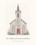 Watercolor art print of St. Teresa of Avila Church in Bodega, with the place name below