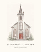 Watercolor art print of St. Teresa of Avila Church in Bodega, with the place name below
