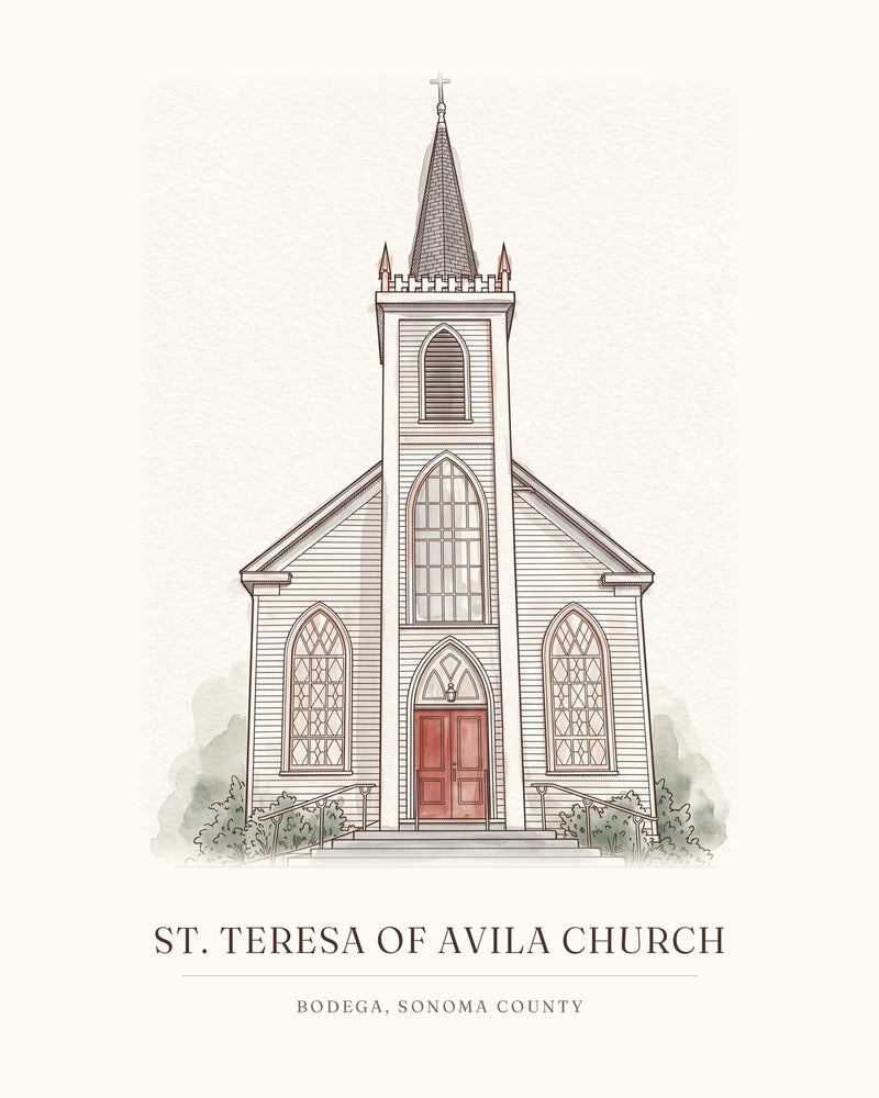 Watercolor art print of St. Teresa of Avila Church in Bodega, with the place name below