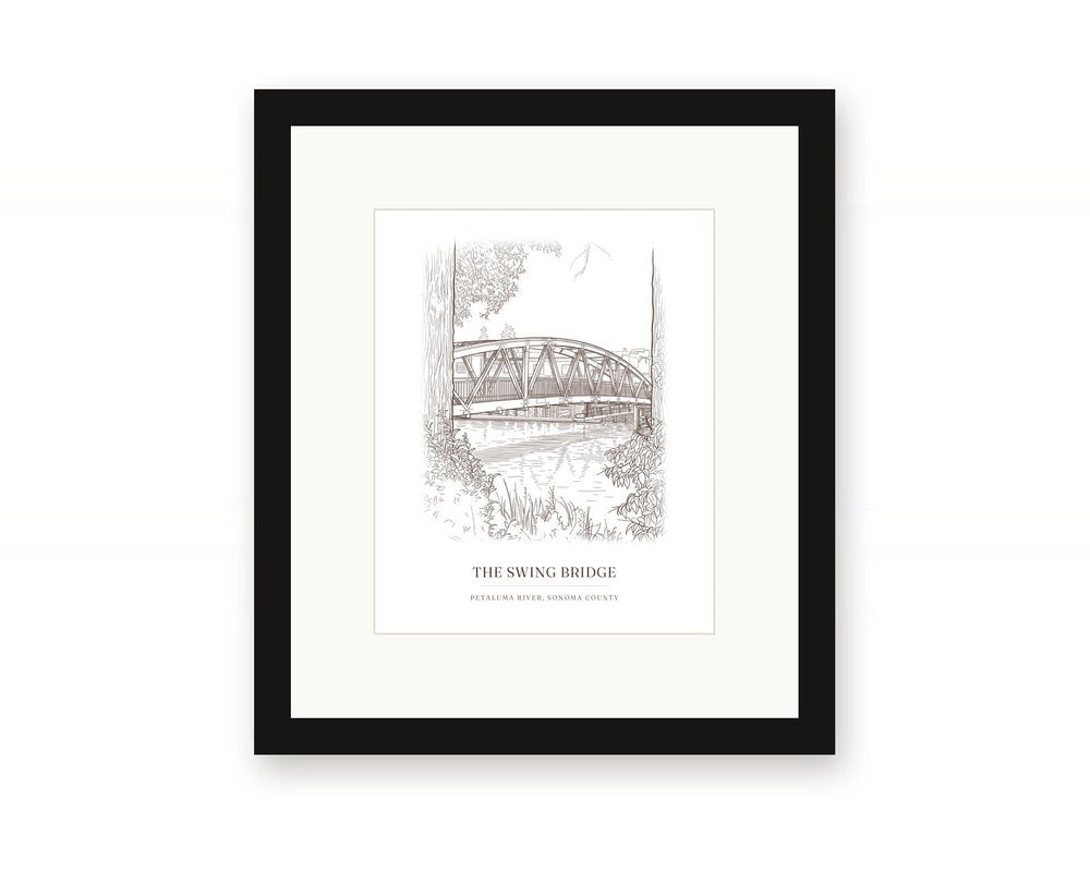 Framed ink drawing print of the swing bridge over the Petaluma River, with a white mat in a black frame