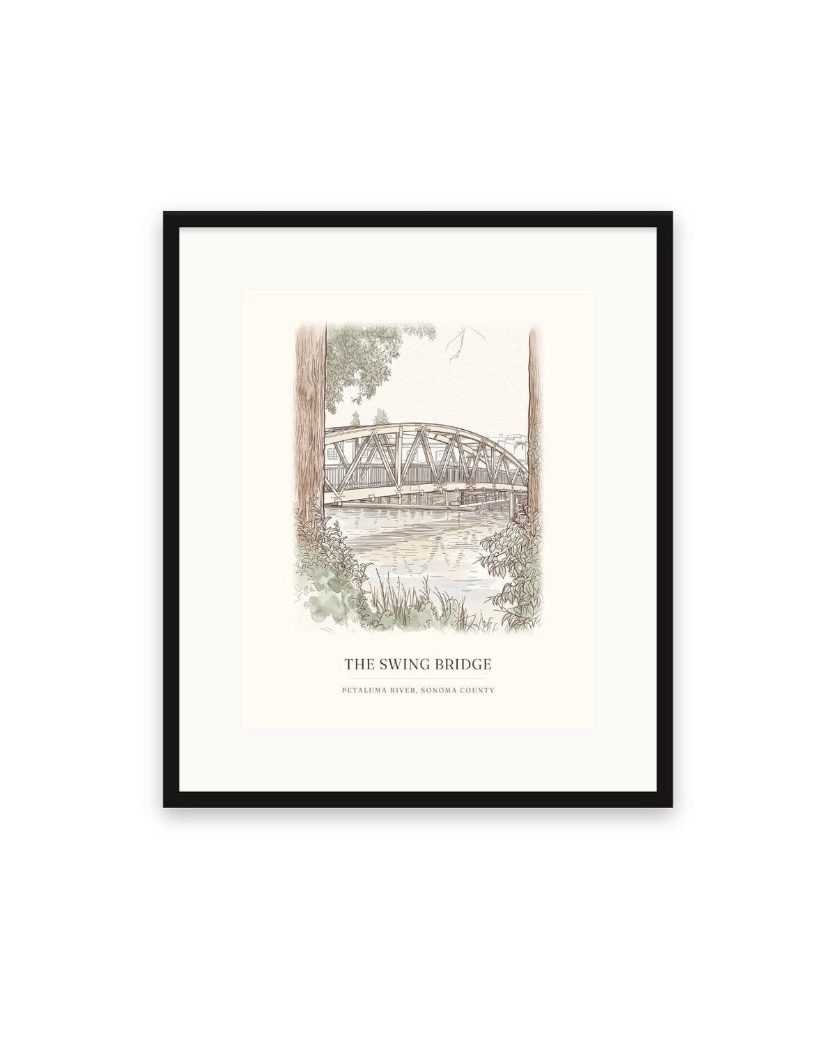Swing bridge watercolor print, 16 x 20 in, in a black frame with a wide white mat