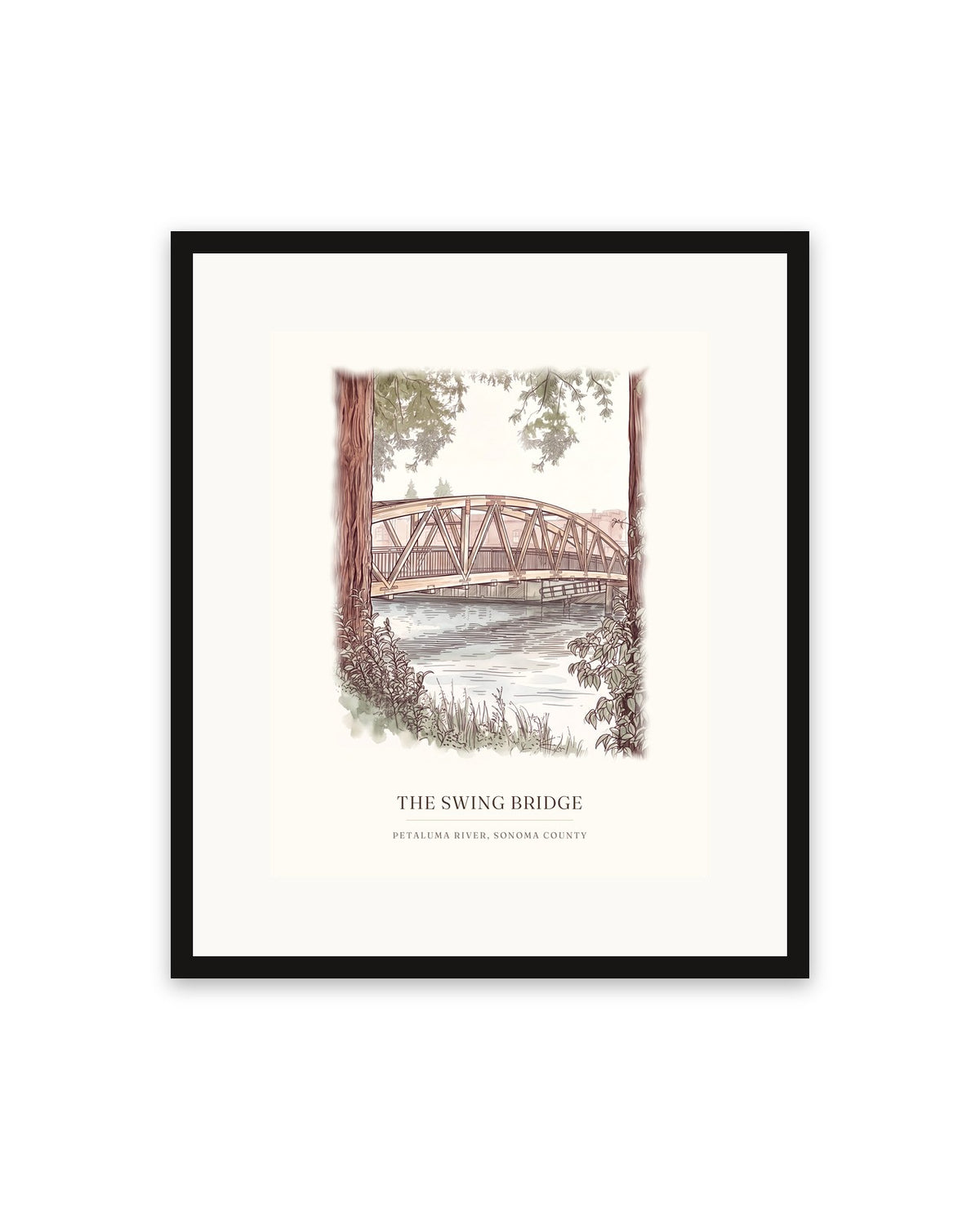 Swing bridge watercolor print, 16 x 20 in, in a black frame with a wide white mat