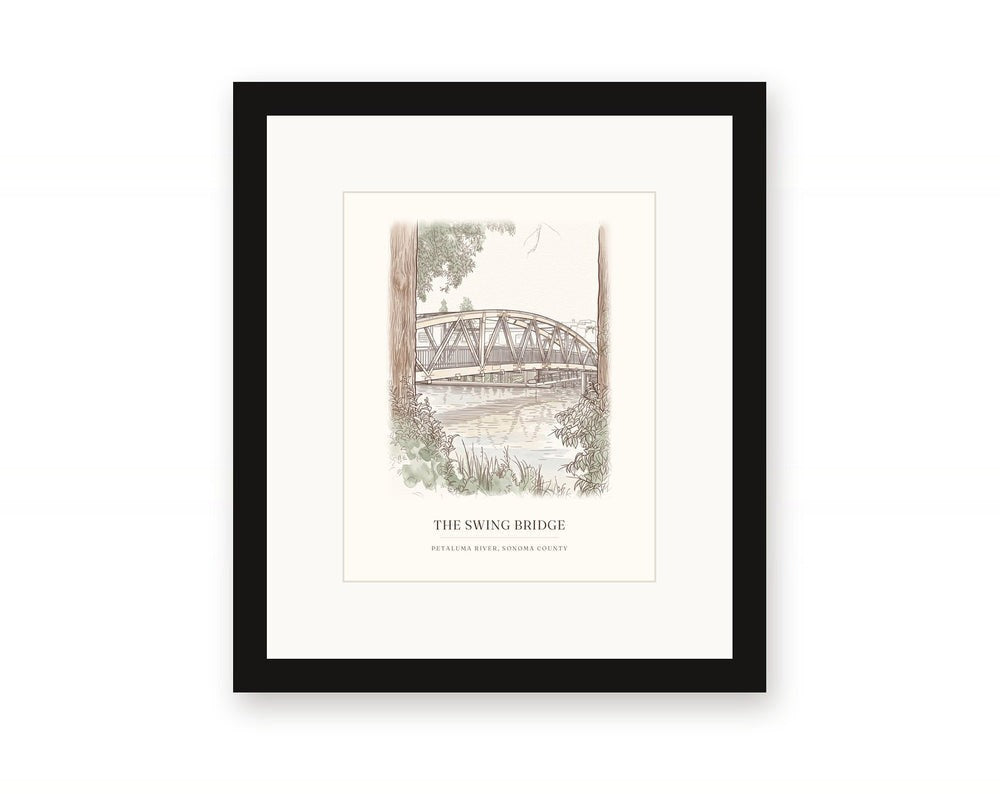 Framed watercolor print of the swing bridge over the Petaluma River, with a white mat in a black frame