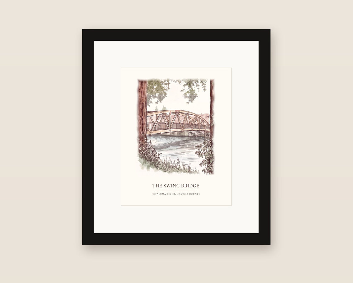 Framed watercolor print of the swing bridge over the Petaluma River, with a white mat in a black frame