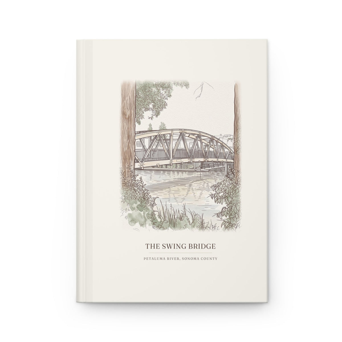 Hardcover journal with the Petaluma swing bridge in watercolor on the cover