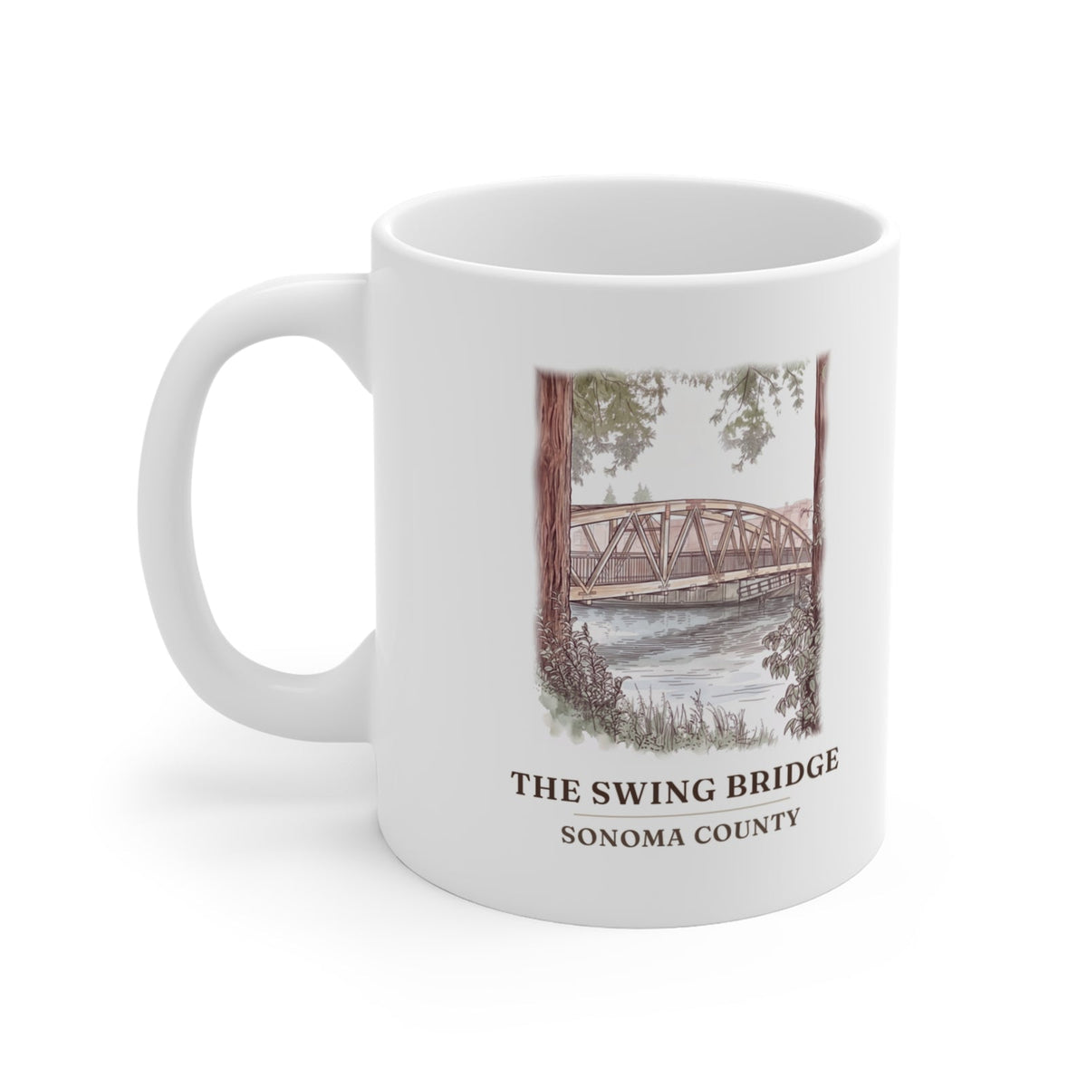 Swing Bridge watercolor mug, 11 oz, with the place name and Sonoma County under the picture