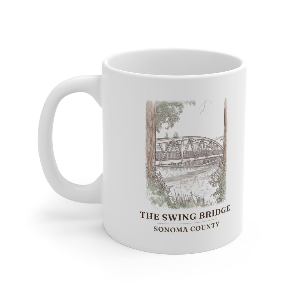 Swing Bridge watercolor mug, 11 oz, with the place name and Sonoma County under the picture