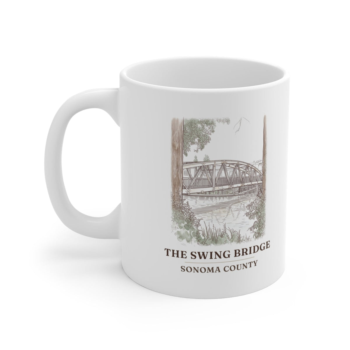 Swing Bridge watercolor mug, 11 oz, with the place name and Sonoma County under the picture