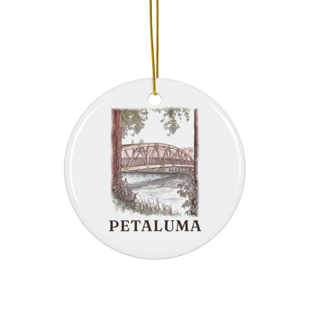Round ceramic ornament with the Swing Bridge in watercolor and the place name